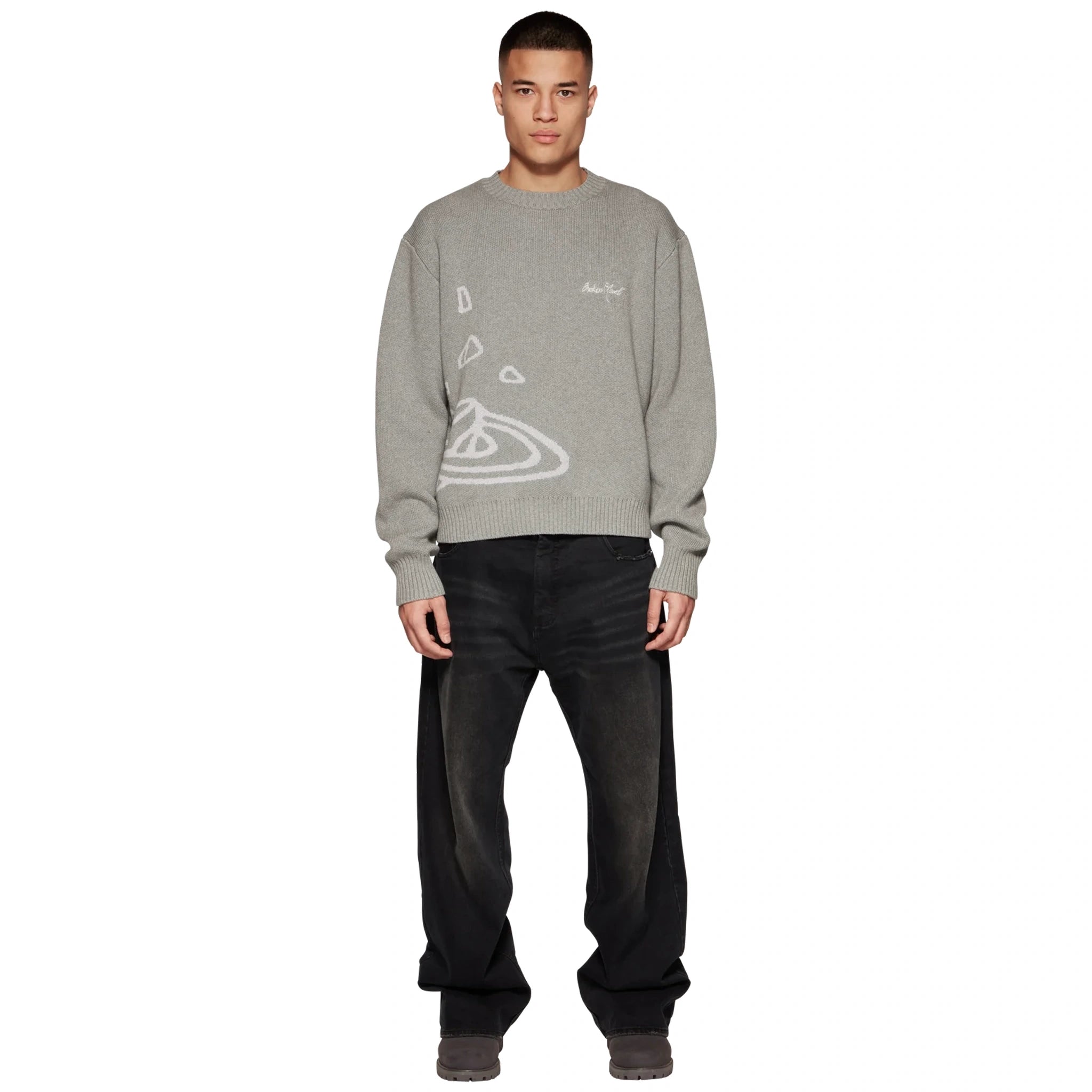 Model front view of Broken Planet Heather Grey Planet Knit Sweatshirt BP-KT-SW-H_GRAY
